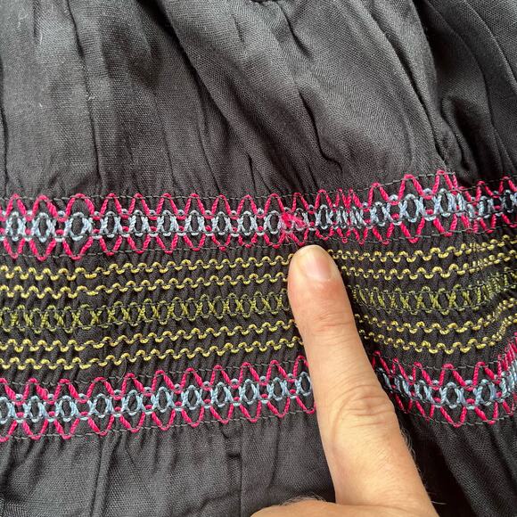 Linda Anderson Boho Maxi Skirt Sz XL Black Festival Embroidered Smocking Peasant - Picture 9 of 12